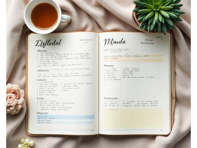 Open planner or journal with an organized daily schedule, surrounded by comforting elements like a cup of tea. Represents 'healthy routines' and 'sleep strategies'.