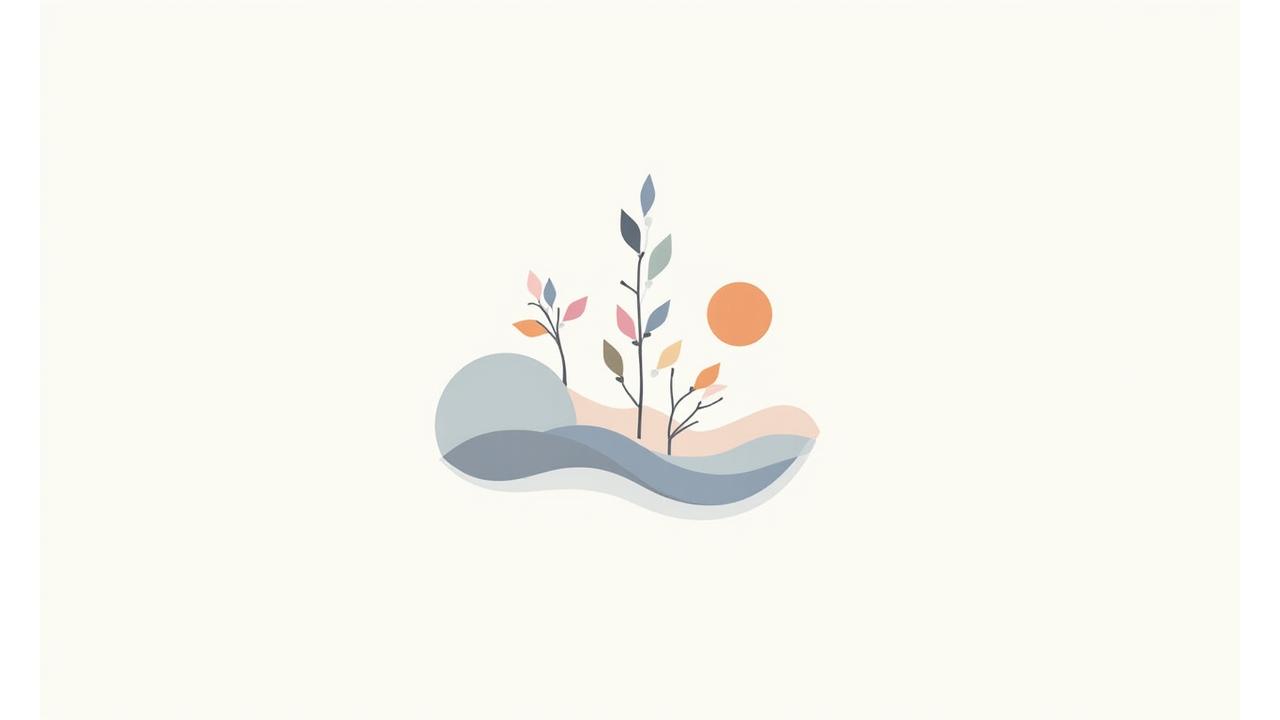 Illustration of various mindfulness tools and practices, like a peaceful mind, meditation cushion, and flowing water.