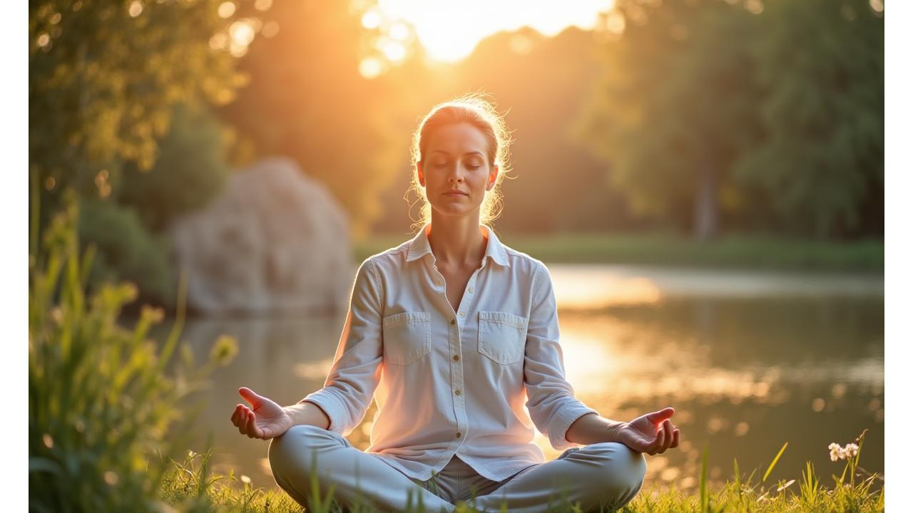 A person meditating peacefully in a sunlit, serene environment, demonstrating calm and well-being.
