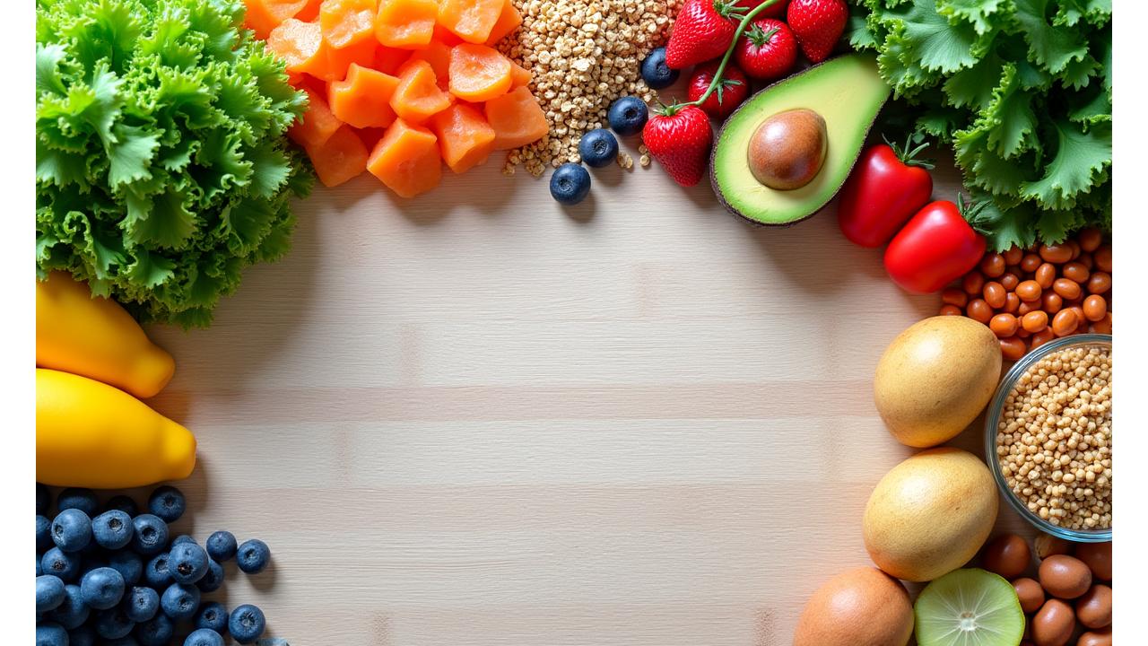 Healthy, vibrant food arranged artfully: fresh fruits, vegetables, whole grains, and lean protein on a light wooden table.