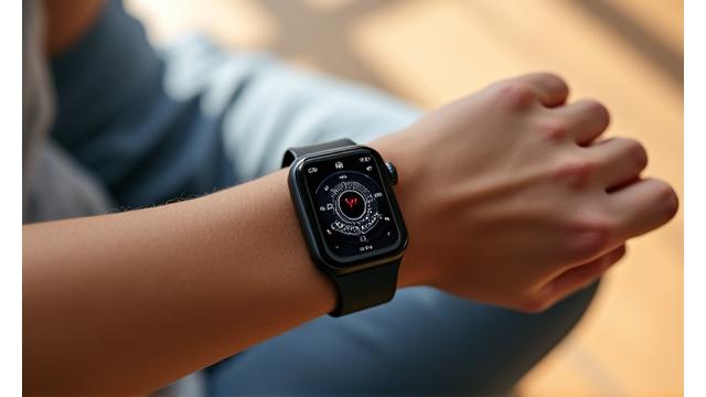 A modern smartwatch displaying heart rate data on a wrist, with a blurred background of a serene home environment.