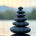 A tranquil scene of pebbles stacked beside a still body of water, representing mindfulness and mental wellness.